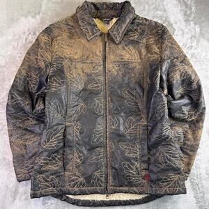 Woolrich Sherpa Lined Jacket Brown Leaf Print Full Zip Outdoors Gorpcore Wmn’s L